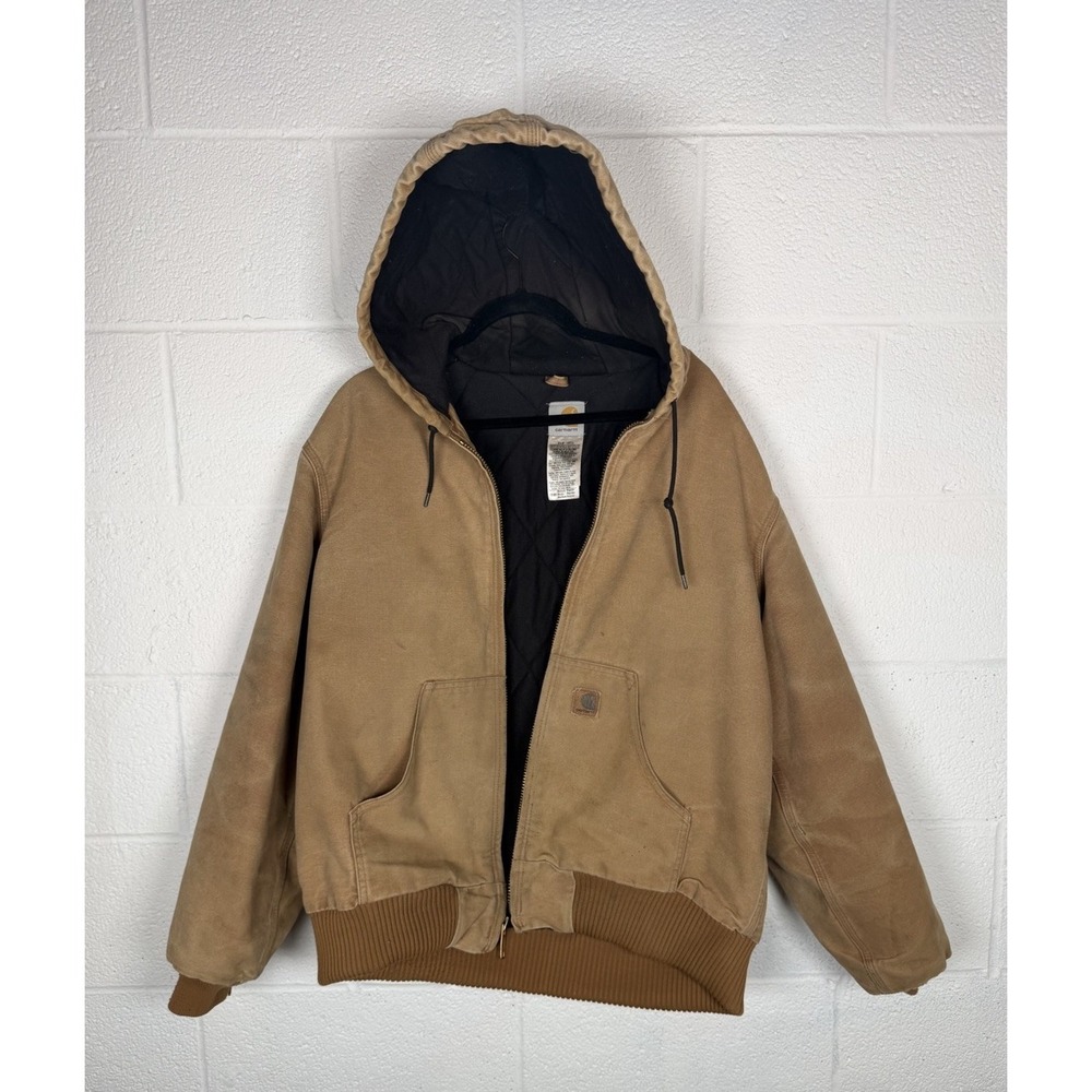 Carhartt J130 Hooded Work Jacket Mens M Distressed Faded Y2K Leather Patch